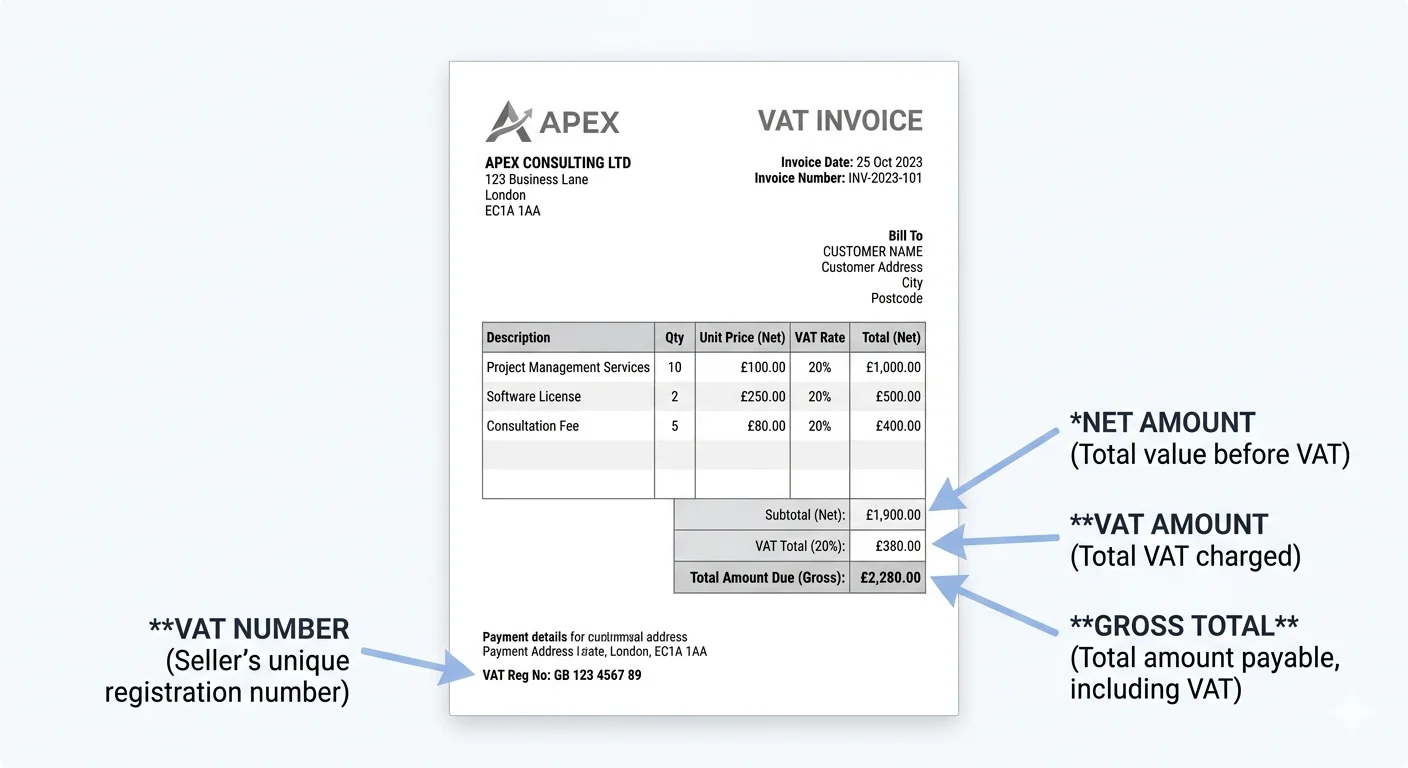 Annotated VAT invoice example showing key components: VAT registration number, net amount before VAT, VAT amount charged, and gross total including VAT